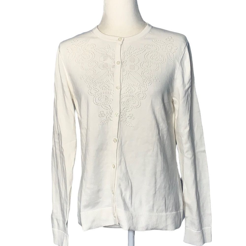 Brooks Brothers Ivory Laser Cut Floral Cardigan Sweater Size L